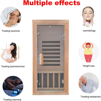 Home Infrared Sauna Room with Graphene Carbon Plate Heater - Canadian Hemlock Wood Cabin, Low-EMF Full-Spectrum, //AUX Stereo & FM Radio, Door & Roof - Portable Indoor Sauna for Spa,