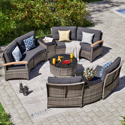 8-11pcs Outdoor Patio Furniture Set, Half-Moon Curved Sectional Sofa Rattan Patio Conversation Set with Wood Armrests for Porch, Backyard - Tempered Glass Round Coffee Table & Side Table, Patio Furniture And Decor, Patio Set,