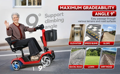 HOMYKING Red Travel-Friendly HOMYKING Foldable 4-Wheel Electric Scooter, 250W Power + Dual Suspension, 15 Miles Range + Front Brake, Detachable Basket + Front Light, for Adults/Elders, 265lbs Capacity, Foldable Scooter, Mobil