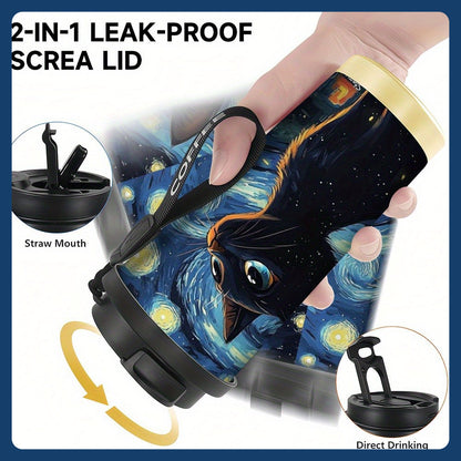 1pc Van Gogh Starry Night & Black Cat Stainless Steel Tumbler - Double-Wall Vacuum Insulated Coffee Cup with Handle, Leakproof & Shatterproof Design, Van Gogh Artwork, Birthday Gift for Men & Women, Travel Mug