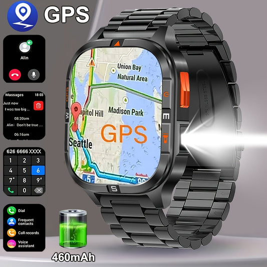 Coiusor new dual band GPS 2.01 "Men's and Women's sports smartwatch, equipped with LED flashlight, wireless call, sync information with mobile phone, with dual band GPS, compass, outdoor sports, waterproof, compatible with iP