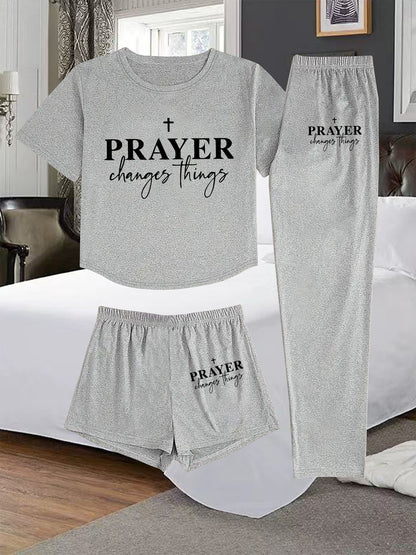 3pcs Women's Pajama Set - Faith Prayer Theme Sleepwear with Verse Print (Prayer Changes Things), Short Sleeve T-Shirt, Shorts & Lounge Pants - Breathable Pajamas for Bedtime, Church & Casual Attire - Machine Washable