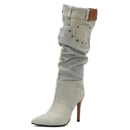 Women'S PU Cover Knee-High Boots with Studded Stiletto Heel, Pointed Toe & Slouchy Half-Zipper Closure - Ruched High Heel, Calf-to-Knee Length, Durable Rubber Sole - Versatile Western to Modern Booties for Casual to Formal Ev