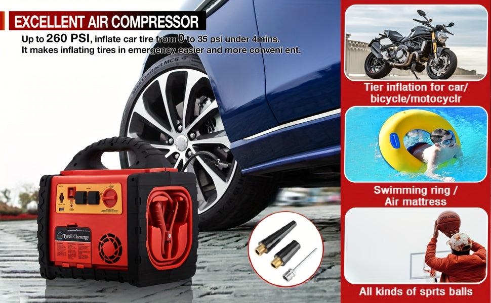1800 Amp Portable Power Station & Car Jump Starter with Air Compressor - Heavy-Duty 260 PSI Tire Inflator, 400W AC/DC Inverter, 2.1A USB Port, Dual Power Outputs, Battery Clamps Included for Emergency, for Backup, USB- Operat