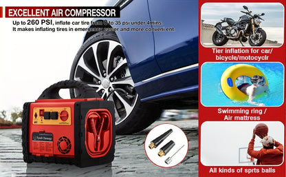1800 Amp Portable Power Station & Car Jump Starter with Air Compressor - Heavy-Duty 260 PSI Tire Inflator, 400W AC/DC Inverter, 2.1A USB Port, Dual Power Outputs, Battery Clamps Included for Emergency, for Backup, USB- Operat