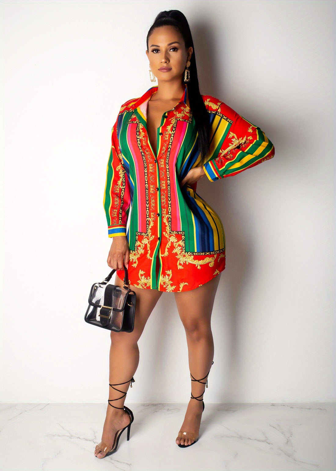 Ladies' Casual Shirt Dress with Colorful Striped Long Sleeved Shirt Dress