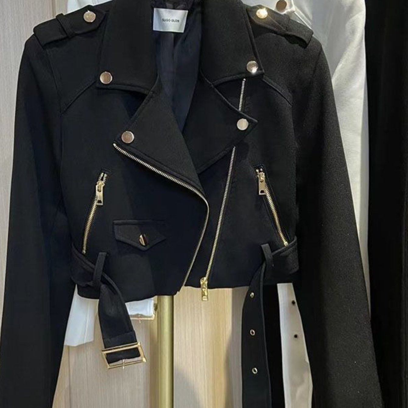 Women'S Retro Motorcycle Jacket - Slim-Fit Short Coat with Stand Collar & Belt, Full-Zip Front Closure, Structured Biker Outerwear for Fall Commuting, Casual to Semi-Formal Outfits (Black/White) - Versatile Layering Piece, Mo