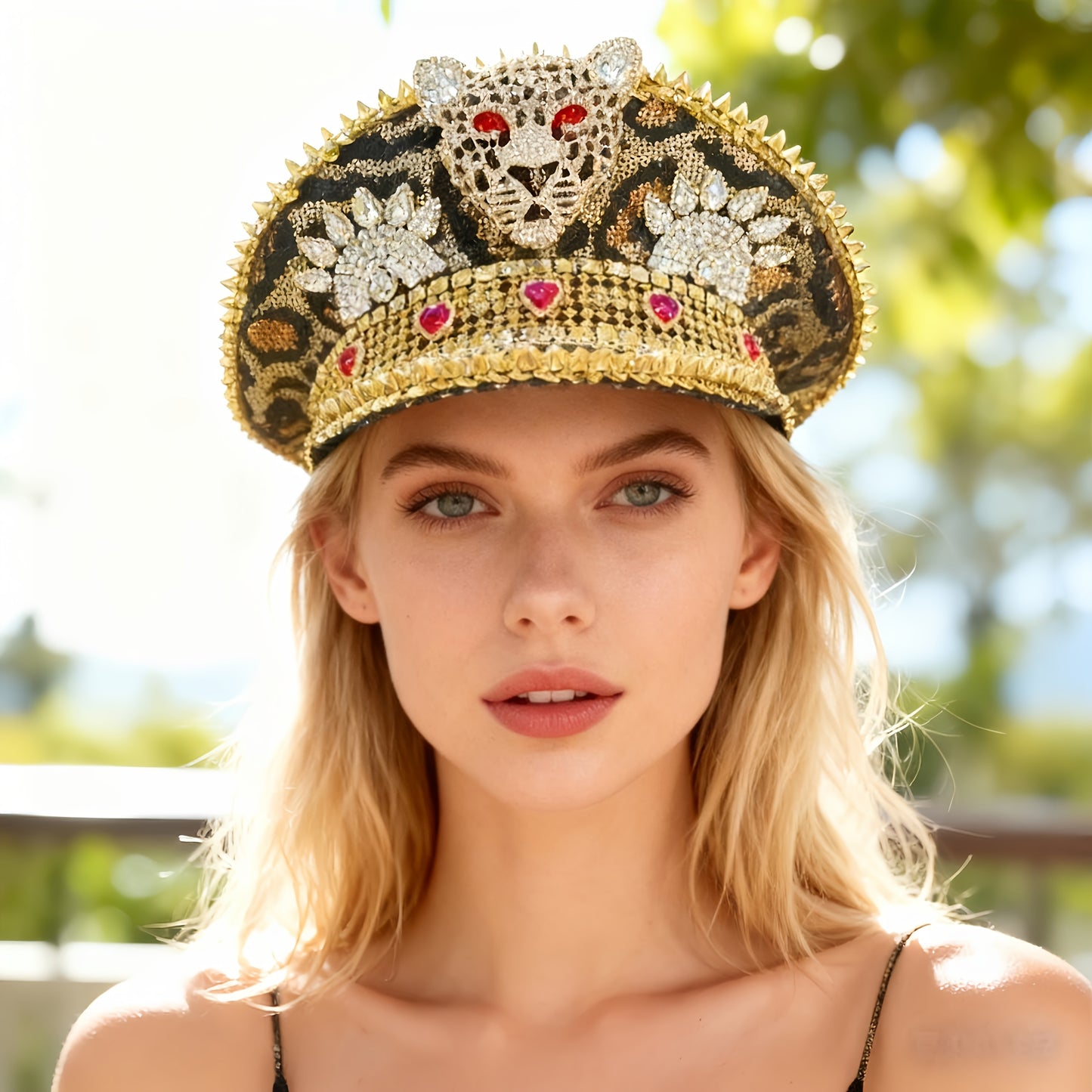 Steampunk Rhinestone Captain Hat for Women | Adjustable Shiny Glam Military Cap with Leopard Print, Perfect for Burning Man, Halloween, Music Festivals, Rave, Cosplay Costume, Carnival, Disco, Bachelorette Party | Sparkling P