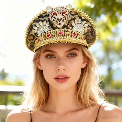 Steampunk Rhinestone Captain Hat for Women | Adjustable Shiny Glam Military Cap with Leopard Print, Perfect for Burning Man, Halloween, Music Festivals, Rave, Cosplay Costume, Carnival, Disco, Bachelorette Party | Sparkling P
