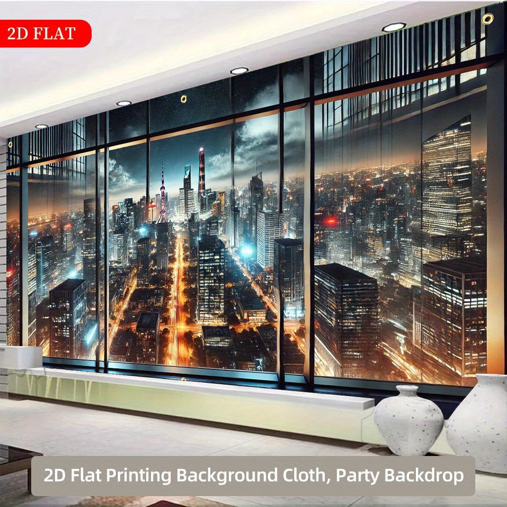 2D Flat 1-Piece Night City Skyline Polyester Fabric Backdrop, 71x157 Inches, Multi-Scene 2D Printed Decor for Parties, Festivals, Gardens & Garages – No Power Needed