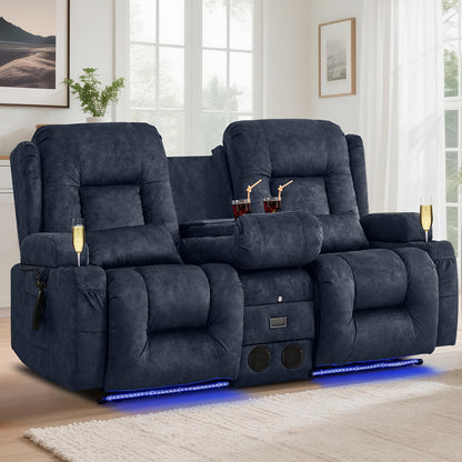Power Loveseat Recliner Sofa, Home Theater Seating RV Couch with Massage and Heat, Flipped Backrest Console, LED Light, USB Outlets, Velvet