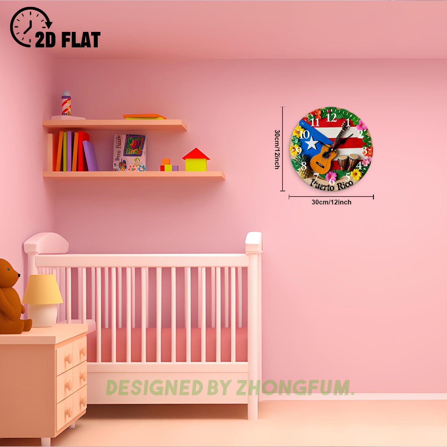 Wall Clock Decoration, Guitar, Drums, Pineapple, Flowers 2D FLAT Pattern Wood Silent Non-Ticking Bedroom Clock, Nursery Wall Clock for Schools, Homes, Christmas Holiday Decoration, Clear Visibility Timepiece 10Inch/12Inch, 2D