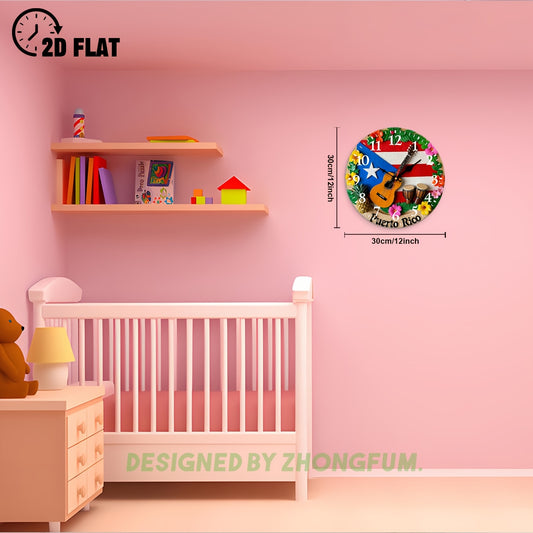 Wall Clock Decoration, Guitar, Drums, Pineapple, Flowers 2D FLAT Pattern Wood Silent Non-Ticking Bedroom Clock, Nursery Wall Clock for Schools, Homes, Christmas Holiday Decoration, Clear Visibility Timepiece 10Inch/12Inch, 2D