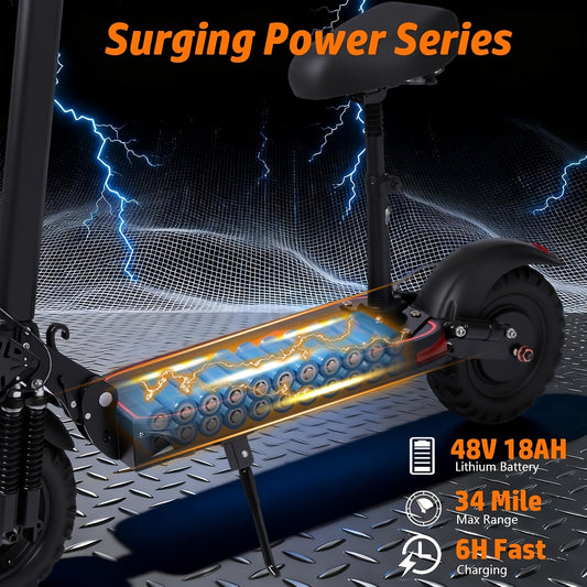 UNQYX Electric Scooter, 48V 18Ah Battery, 31-Mile Range, 440 Lbs Capacity, Removable Seat, 11" Off-Road Wide Tires, Dual Suspension, Disc Brakes, Capable Of Climbing 30-degree Inclines, Foldable All-Terrain Aluminum Alloy Fra