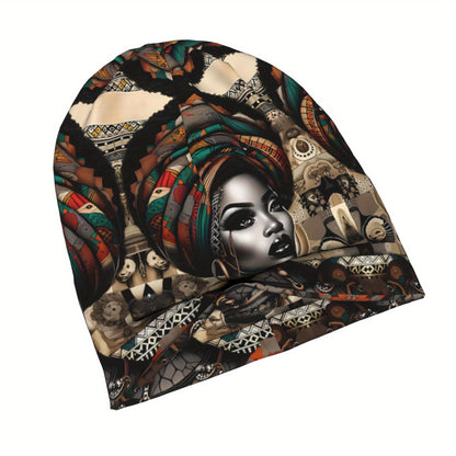 African Woman Print Beanie Hat - Unisex Winter Skull Cap with Vibrant Tribal Patterns, Cultural Heritage Design, Soft Warm Knit for Men & Women, Fashionable Cold Weather Accessory, Stylish Headwear, Cultural Pattern, Intricat