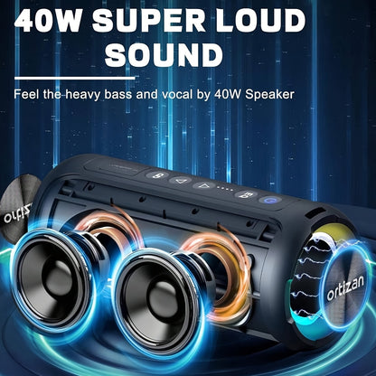 Ortizan Wireless Speakers, 40W Loud Sound, Wireless Stereo, IPX7 High Quality, Extra Bass, LED Light, BT5.3, Portable Compact Speaker for Shower, Outdoor, Beach, Home, Party. Gifts for Men And Women., Outdoor Speaker, Shower