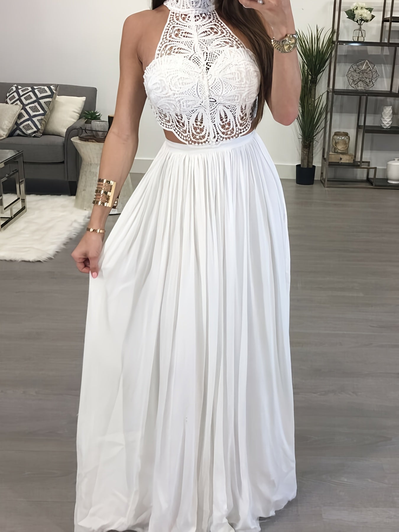 Women Hollow Out Lace Halter Dress, Crochet High Waist Pleated Maxi Dress Wedding Party Dress