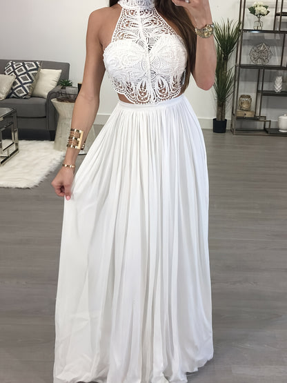 Women Hollow Out Lace Halter Dress, Crochet High Waist Pleated Maxi Dress Wedding Party Dress