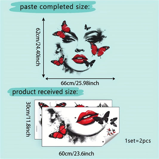 Unique Beauty and Butterfly Pattern Wall Sticker, Ink Brush Strokes Add Artistic Atmosphere. Red and Black Color Scheme Eye-catching, Instantly Elevates the Ambiance of Spaces like Bedrooms and Living Rooms. Easy to Apply and