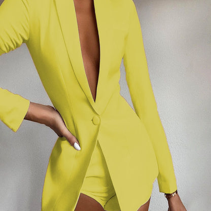 Women'S Elegant Two-Piece Set - Mustard-Yellow Pantsuit, Turn- Collar Long Sleeve Outfit, All-Season Formal & Casual Chic Ensemble for Office, Parties, Casual Attire - European-American Border Style Women'S Clothing, Office A