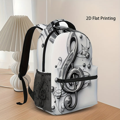 1pc Trendy Music Notes Printed Backpack - Durable 2D Flat Design with Studded Detail, Black & White, Perfect for School, Work, and Outdoor Activities, Backpack for School