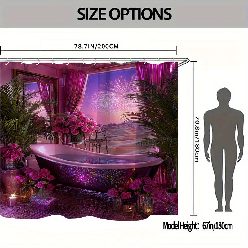1/4pcs Dreamy Bathtub Night Scene Print Set, Extra Wide Circular Shower Curtain, Includes Non-Slip Mat, Toilet Seat Cover, Floor Mat, and 12 Plastic Hooks, Bathroom Accessories, Holiday Decoration, Home Gift, Shower Curtain S