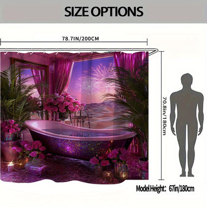 1/4pcs Dreamy Bathtub Night Scene Print Set, Extra Wide Circular Shower Curtain, Includes Non-Slip Mat, Toilet Seat Cover, Floor Mat, and 12 Plastic Hooks, Bathroom Accessories, Holiday Decoration, Home Gift, Shower Curtain S