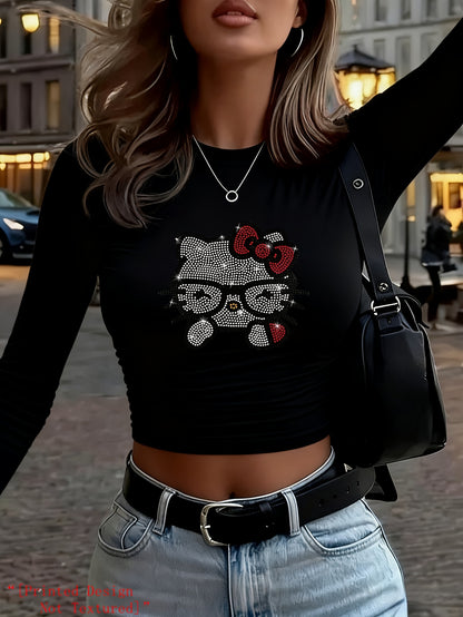 [Printed Design – Not Textured] HELLO KITTY Classic IP Collaboration Autumn/Winter Women's Y2K Long-Sleeve High-Waist T-Shirt. Features Sanrio All-Star Kitty, Pompompurin, Kuromi, and My Melody Print Designs. Cute, Sweet, a