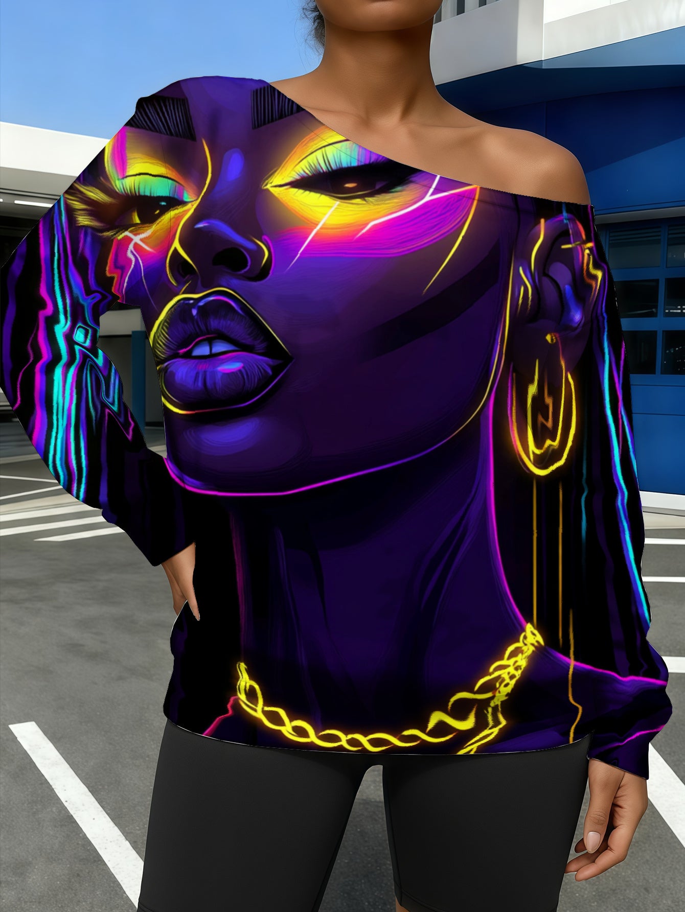 Plus Size - Women'S Plus Size Neon Glow-in-the-Dark Face Print Off-Shoulder Sweatshirt - Luminous Pink/Purple/Blue/Pink Long Sleeve Top, Asymmetrical Neckline Winter Warm Shirt for, Parties & Casual Wear, Machine Washable Ele