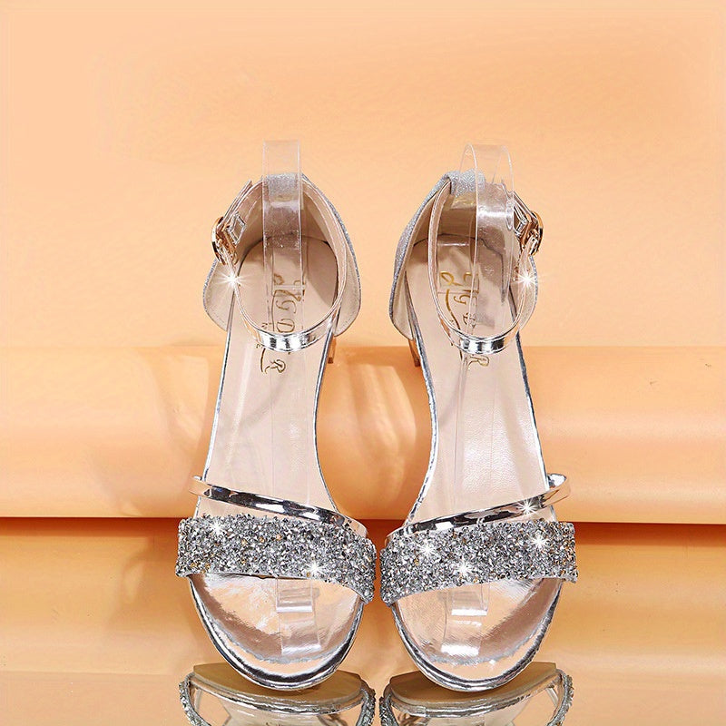 Women'S European-American Style Low Block Heel Sandals - Open-Toe with Adjustable Strap, Non-Slip Synthetic Sole - Size 43 (US 10.5) - for Parties, Weddings, Everyday - Summer Women'S Shoes, Wedding Footwear, Rhinestone Embel