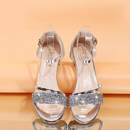 Women'S European-American Style Low Block Heel Sandals - Open-Toe with Adjustable Strap, Non-Slip Synthetic Sole - Size 43 (US 10.5) - for Parties, Weddings, Everyday - Summer Women'S Shoes, Wedding Footwear, Rhinestone Embel