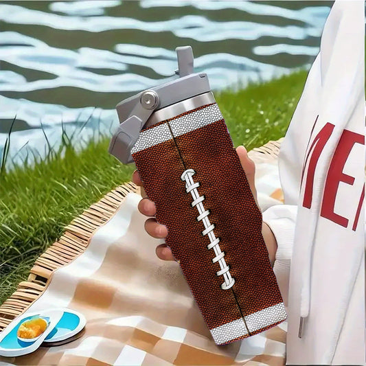 30oz Football Texture Stainless Steel Tumbler, Double Wall Vacuum Insulated Travel Mug, Spill Proof Lid, Perfect Gift for Dad, Mom, Ideal for Christmas, Thanksgiving, Valentine's, Mother's, Father'S Day, Gift for birthday, Co