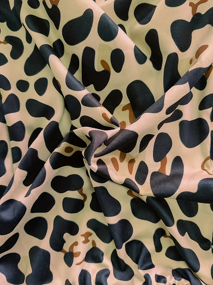 Women'S Leopard Print Jumpsuit - Casual & Vacation Style, Long Sleeve, Waist-Cinched, Polyester, All-Season Wear, Brown & Black Design, Elegant Design for Adult
