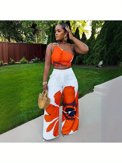 D9738 Women'S Y2K Fashion Floral Print One-Shoulder Slim Fit Wide-Leg Pants Two-Piece Set - Sexy Spring/Fall Outfit, Spring Fashion|Sleek Shoulder Design|Polyester Fabric