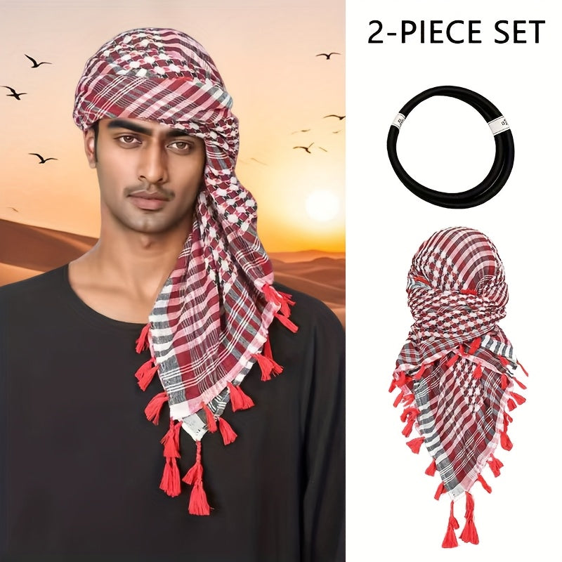 [Two piece set ]Arabic square scarf hanging on all sides with contrasting colors, Arab headscarf jacquard scarf, formal casual robe, clothing headscarf set, perfect gift for men during Ramadan, a choice for holiday gifts