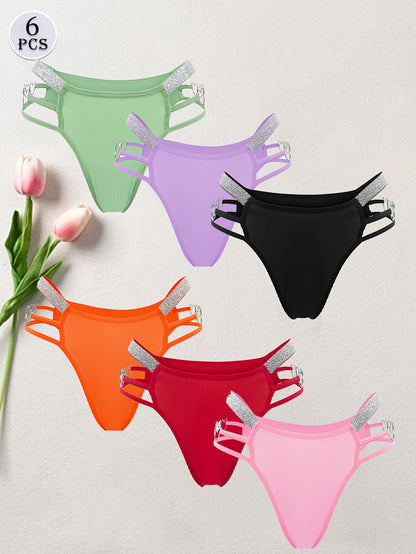 6pcs Women's Sexy Bikini Panties, Mixed Colour Heart Chain, Hollow Out, Glitter Waistband Elegant Luxury Thong, Romantic Dating & Party & Casual Attire Underwear, Women's G-string & Briefs