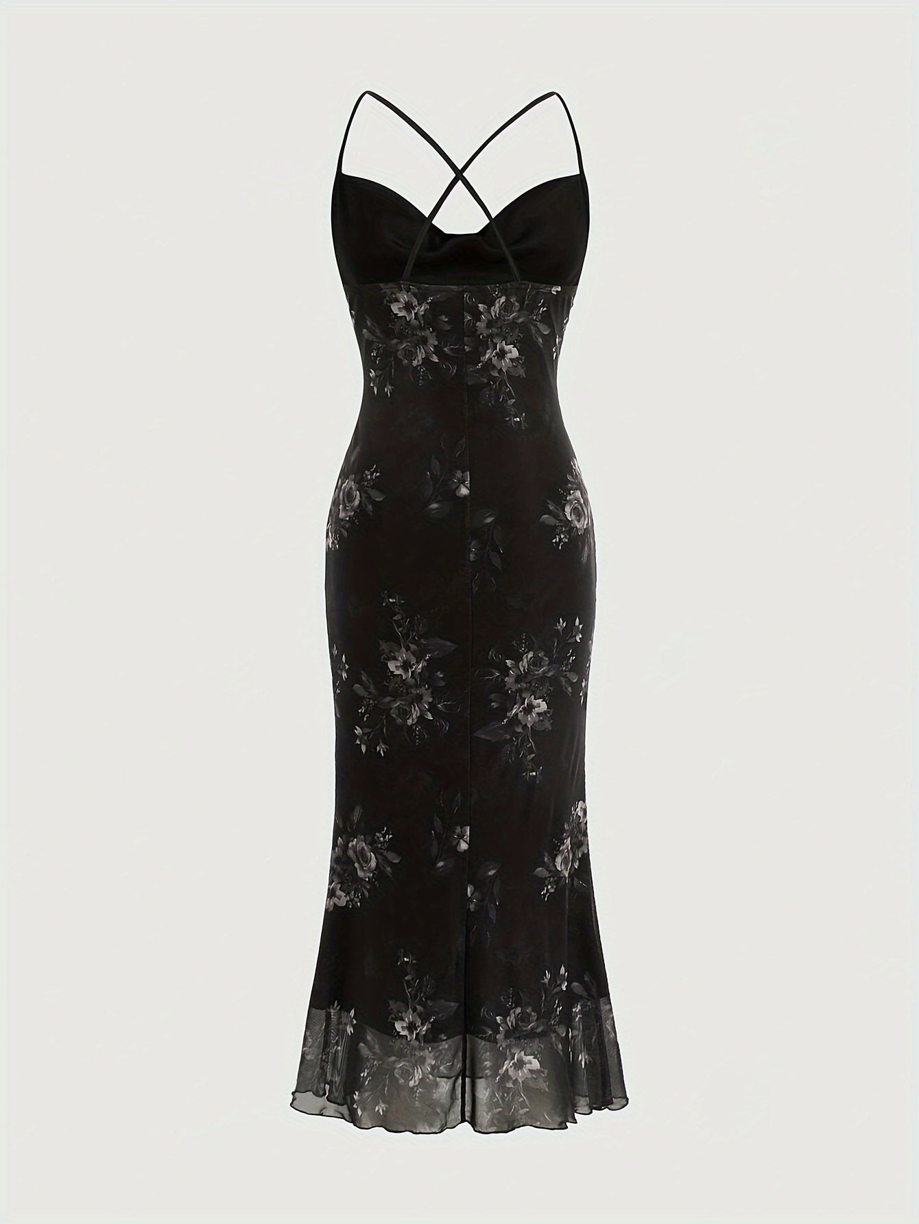 Vintage Elegant Cocktail Party Spaghetti Strap Printed Mesh Midi Dress for Women