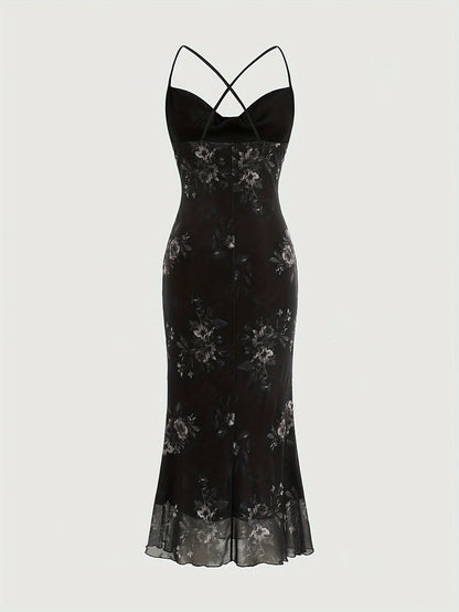 Vintage Elegant Cocktail Party Spaghetti Strap Printed Mesh Midi Dress for Women