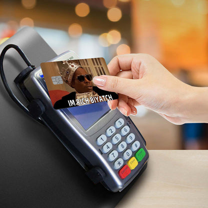4pcs Waterproof PVC Card Skins - Funny "I'M RICH BIYOTCH" Golden Card Design Stickers | Scratch-Resistant, Non-Slip Glossy-like for Credit/Debit Cards & Keychains | Ultra-Thin Durable Disposable VIP-Style Protectors (Matte Vi