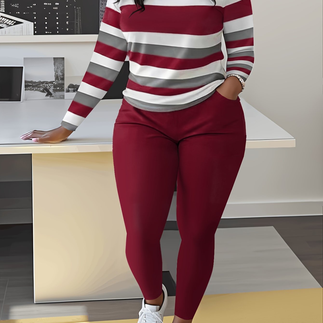 Unique Women's Striped Casual Set- Green And White, Long Sleeve Round Neck Top And Pants with Pockets, Weight Polyester Blend, Machine Washable, Comfortable Clothing| Pants| Polyester Blend
