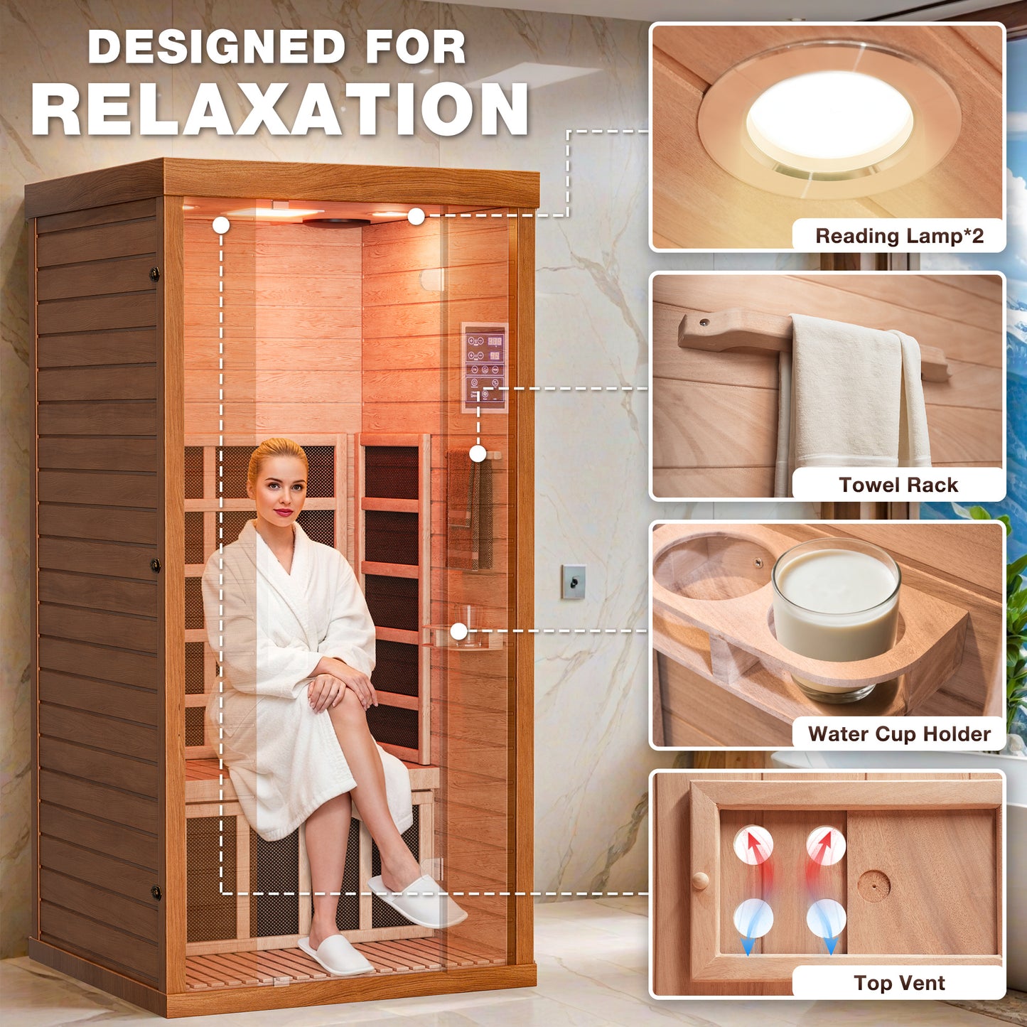 1-Person Sauna Room, Indoor Spectrum Infrared Sauna for Home, Dry Sauna with WiFi/BT Control and 5 Heater Panels, 9-Color Light Therapy, Safe Flame-Retardant Material, Wood Low EMF 1200W/120V Heater, Home Spa and Gym Use