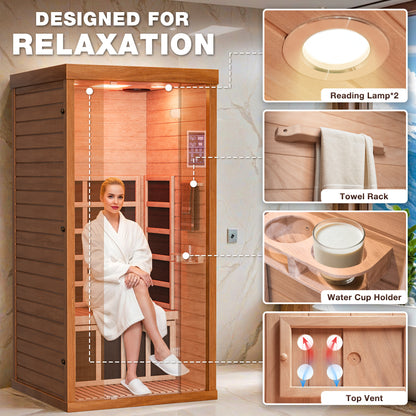 1-Person Sauna Room, Indoor Spectrum Infrared Sauna for Home, Dry Sauna with WiFi/BT Control and 5 Heater Panels, 9-Color Light Therapy, Safe Flame-Retardant Material, Wood Low EMF 1200W/120V Heater, Home Spa and Gym Use
