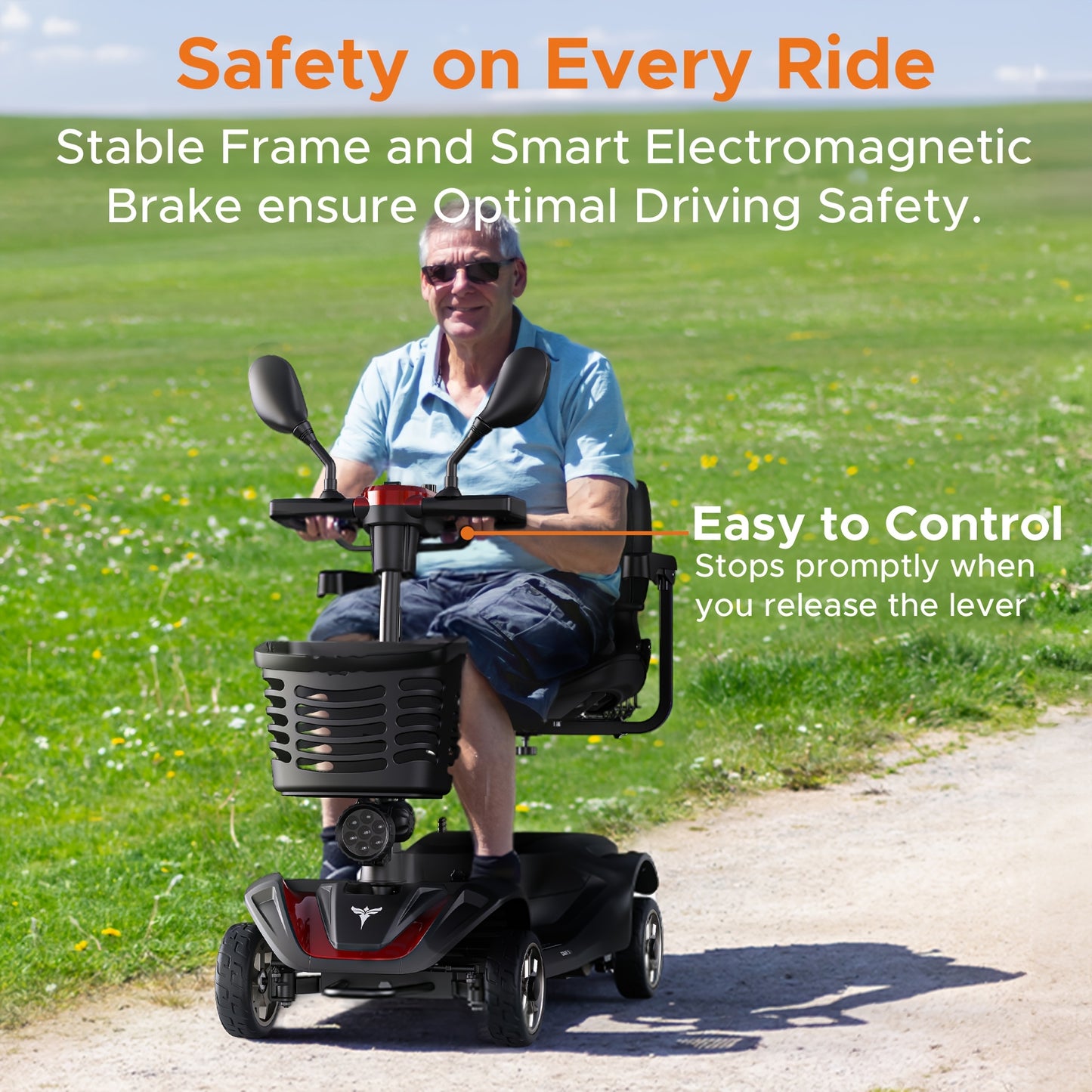 ENGWE Ease 3 4-Wheel Mobility Scooter, 250W Motor, 5, 6MPH Speed, 24V 12AH Battery, 330lbs Capacity, Solid 8"x3" Tires, 10° Incline Support, Rearview Mirrors, Dual Baskets, Cup Holder, Foldable & Adjustable Design, Safe, Sta
