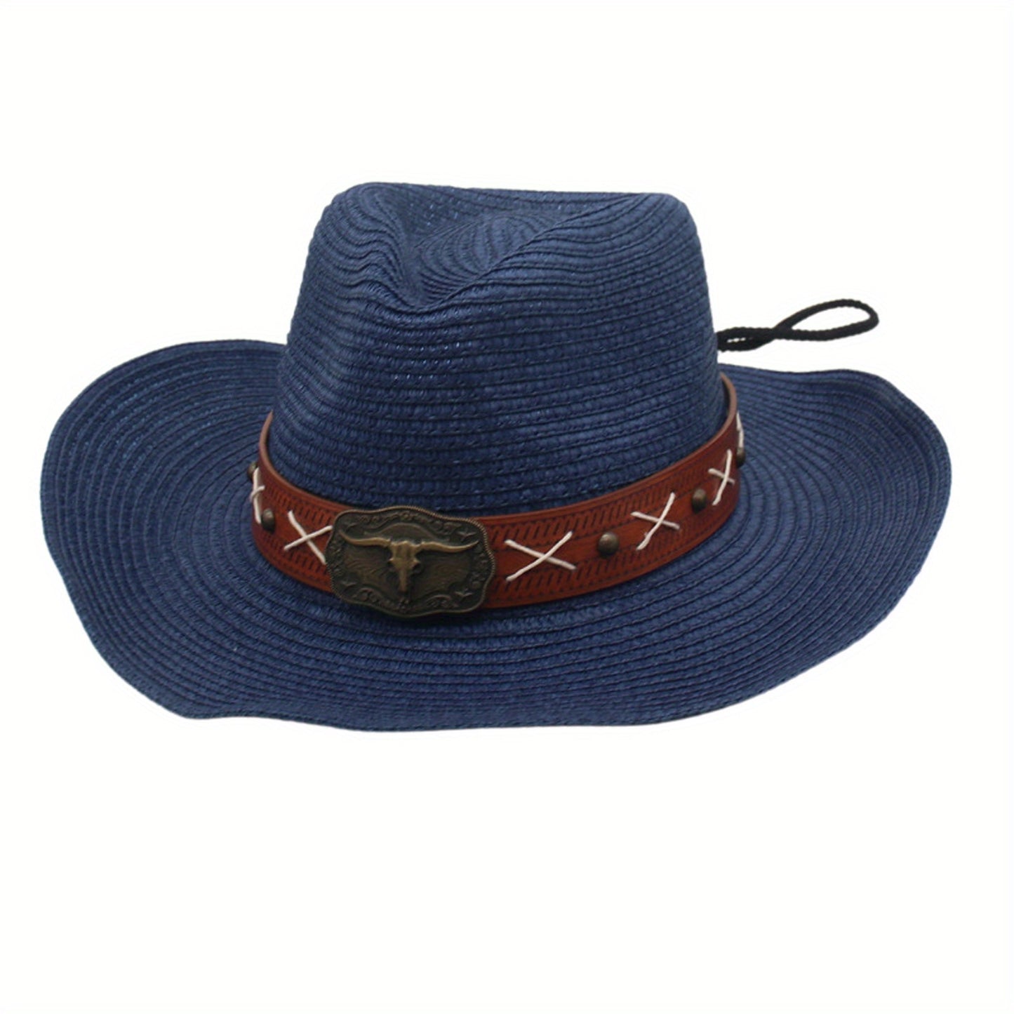 Men Women Straw Cowgirl Hat Wide Brim Stylish Bull Head Leather Belt Design Western Cap for Beach Daily Life Party