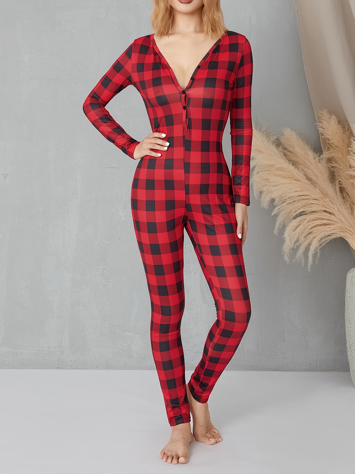 Women's Plaid V-Neck Romper - Casual Long Sleeve Jumpsuit with Elastic Yoga Waist and Button Details, Red, Polyester