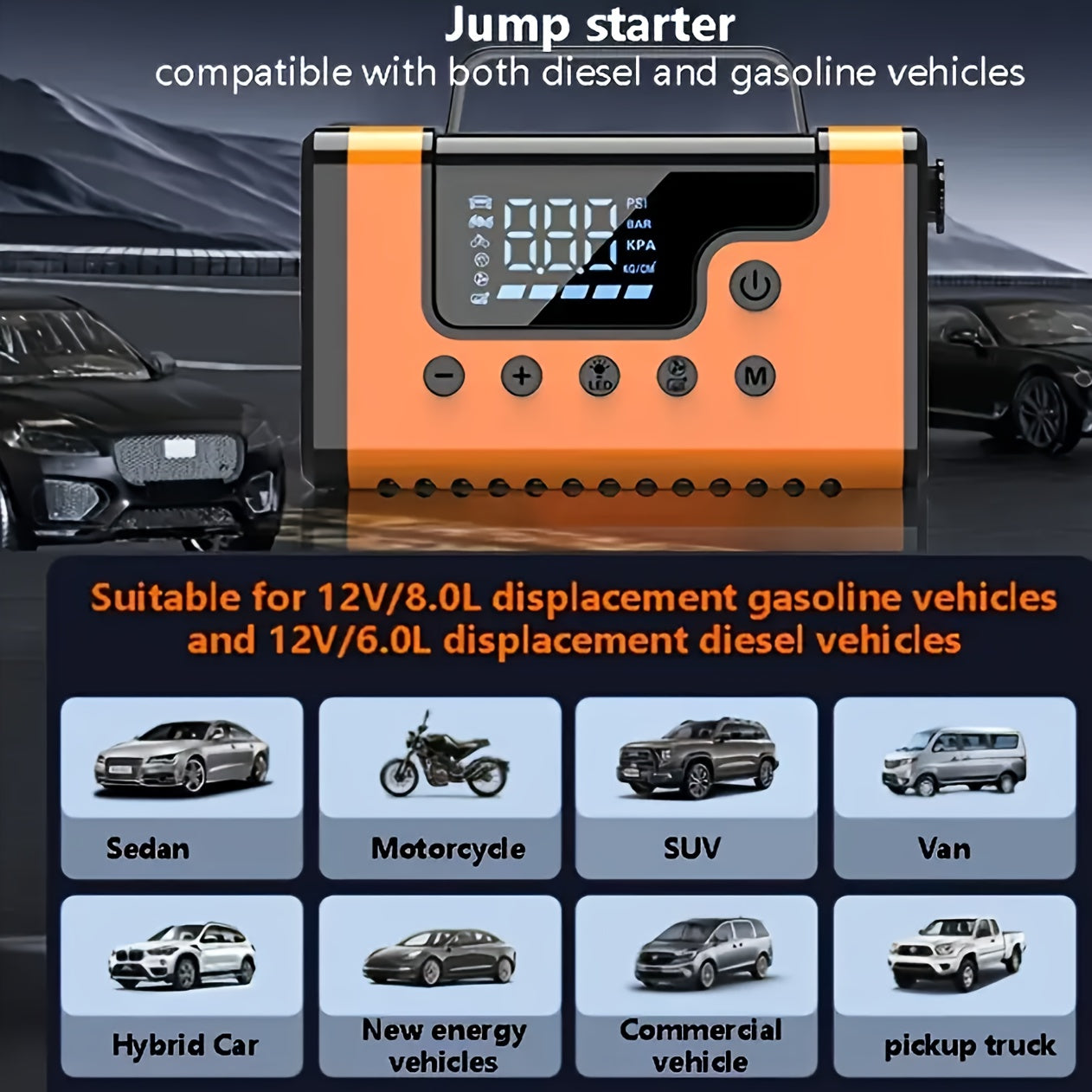 8-in-1 3000A Portable  Jump Starter with Air Compressor & Vacuum Cleaner - 12V 150Psi Tire Inflator, 5000PA  Vacuum, 37000mWh Rechargeable Battery, Digital Display, USB Charging, 2.64gal Gas/1.85gal Diesel Compatible,Insulate