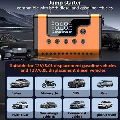 8-in-1 3000A Portable  Jump Starter with Air Compressor & Vacuum Cleaner - 12V 150Psi Tire Inflator, 5000PA  Vacuum, 37000mWh Rechargeable Battery, Digital Display, USB Charging, 2.64gal Gas/1.85gal Diesel Compatible,Insulate