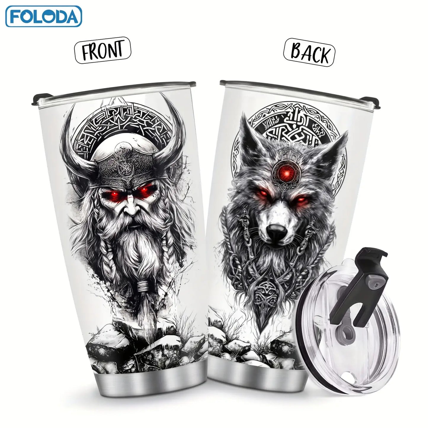 Foloda 20oz Viking Wolf Tumbler with Lid - Insulated Stainless Steel Travel Mug, Norse Design Thermal Cup with Leakproof Lid & Straw Compatible, Double-Wall Vacuum Insulation for Hot/Cold Drinks, Viking Warrior & Wolf Howling