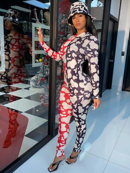 D9809 Women'S Relaxed Jumpsuit Featuring a Casual Print, Long Sleeves, And Suitable for Home Wear