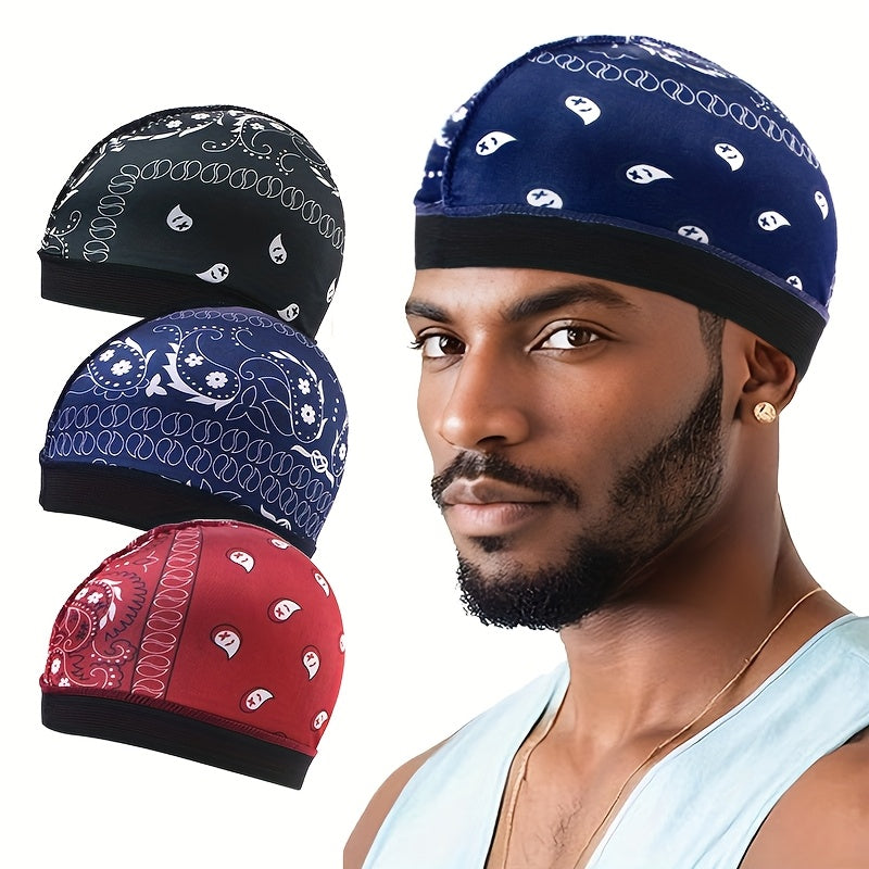 3pcs Paisley Elastic Round Hat Set, Faux Pirate Cap, Hair Loss Wig Headband for Hip-Hop Singers.Warm,Winter hat,Suitable for cold weather